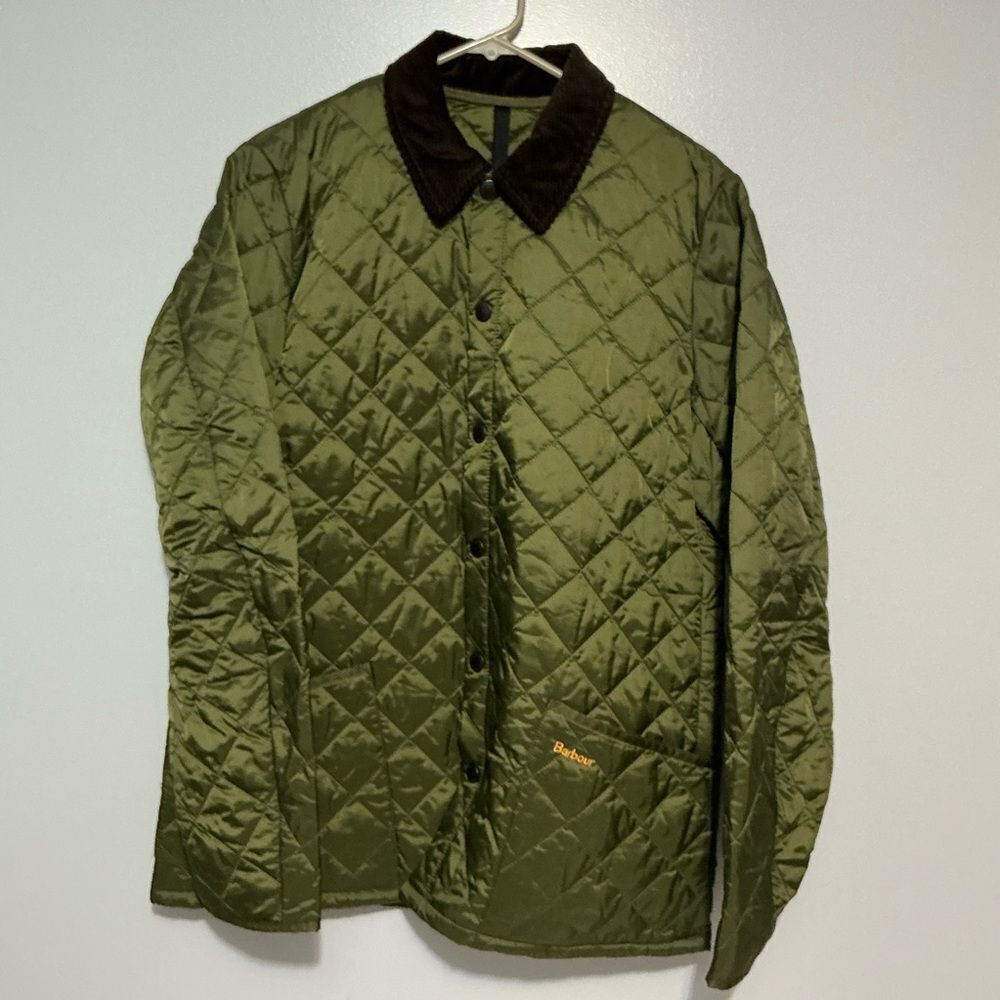 Barbour Liddesdale Olive Quilted Jacket with brown corduroy trim size L NWOT